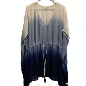 Beaches and BOHO Blue WHite Tie Dye Tie Waist Batwing Sleeve Cover Up 3X M-300